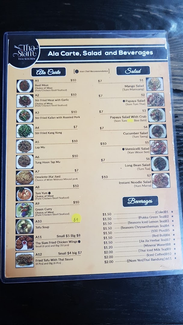 Menu page for Tha Siam Thai Kitchen