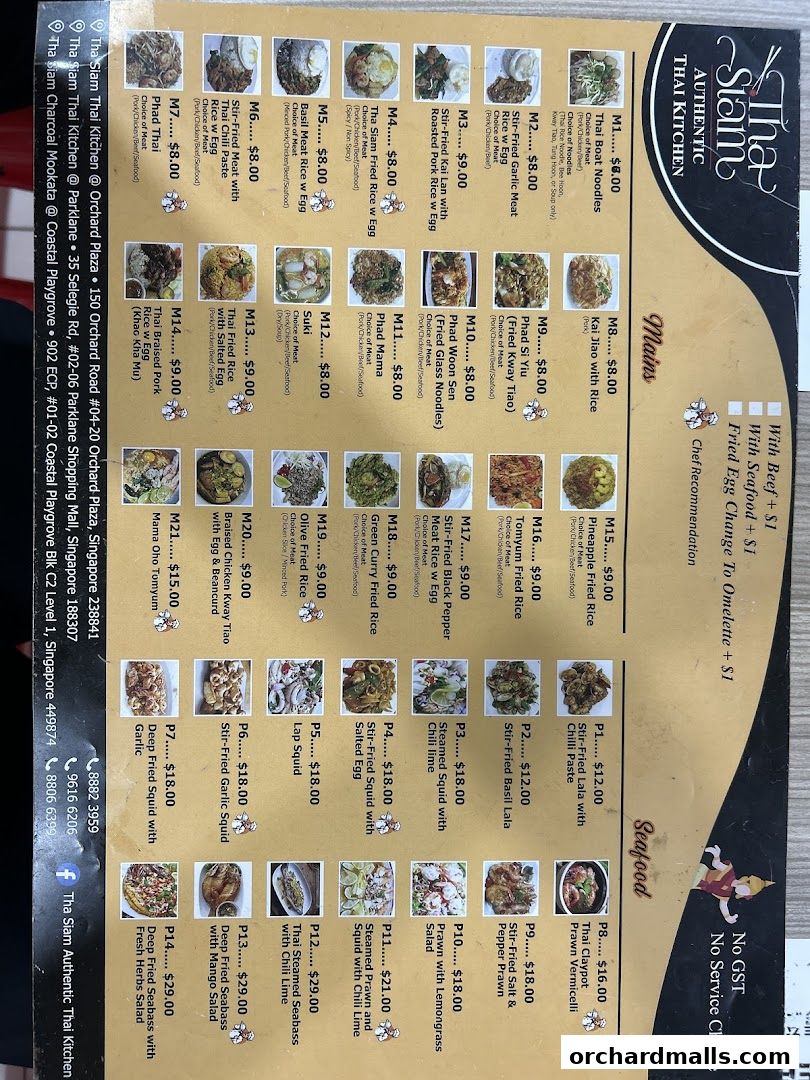 A menu for Tha Siam Authentic Thai Kitchen featuring mains and seafood dishes with prices.