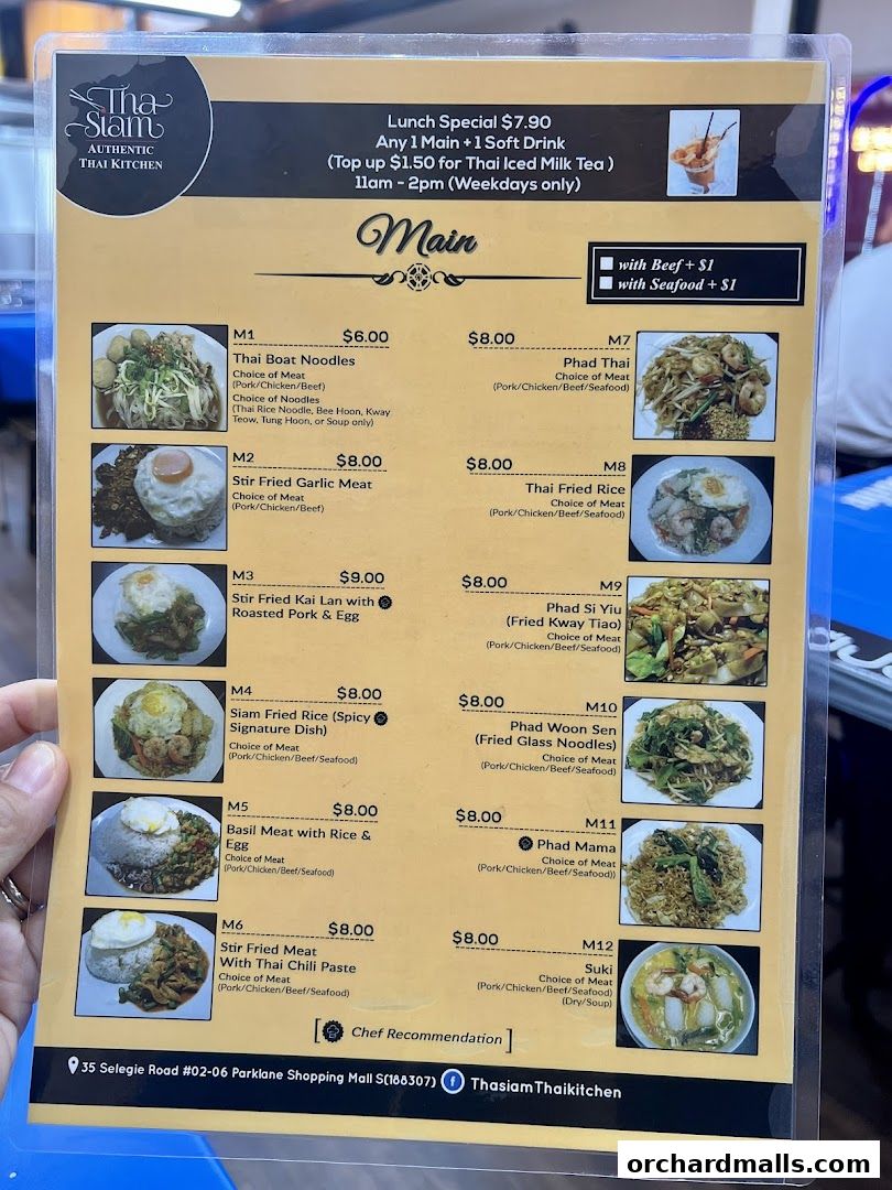 A menu for Tha Siam Authentic Thai Kitchen featuring main dishes and a lunch special.
