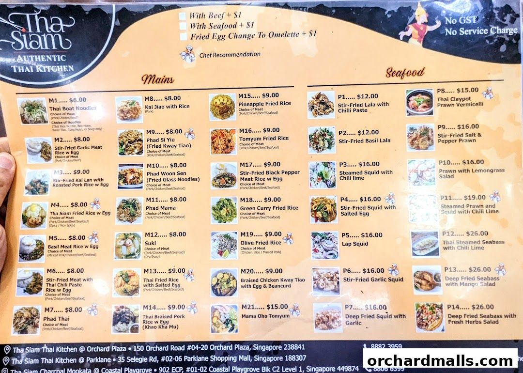 A menu for Tha Siam Authentic Thai Kitchen featuring mains and seafood dishes.