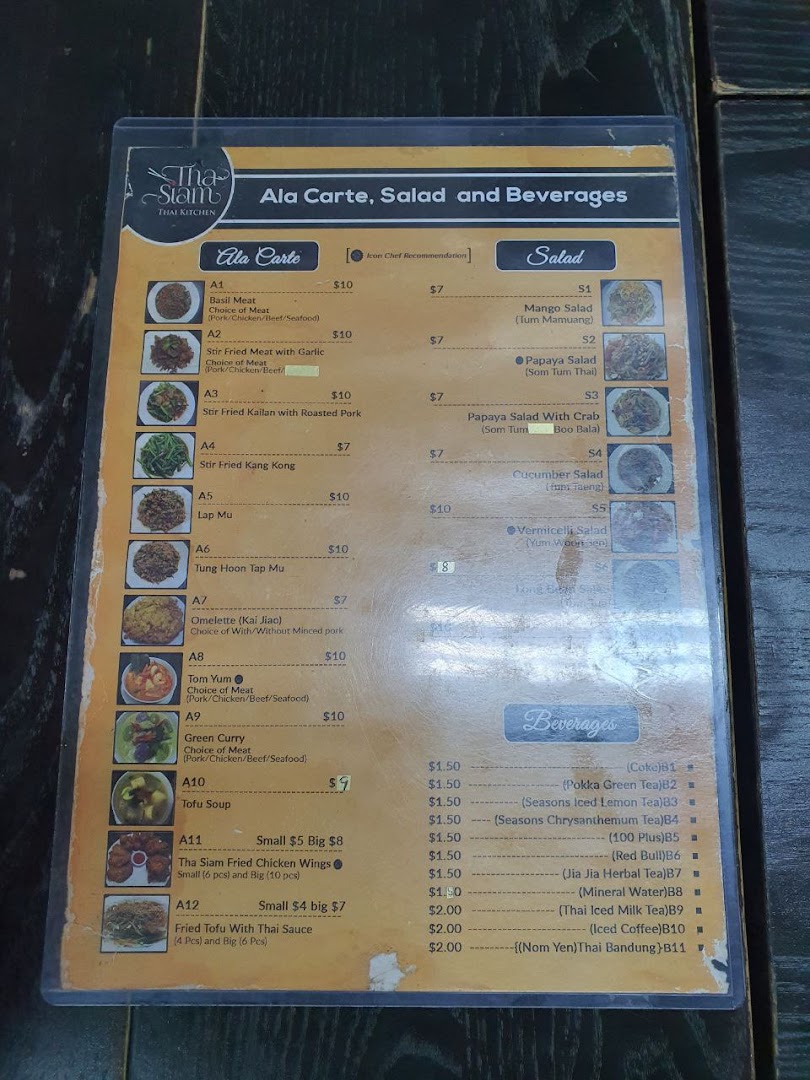 Menu page for Tha Siam Thai Kitchen