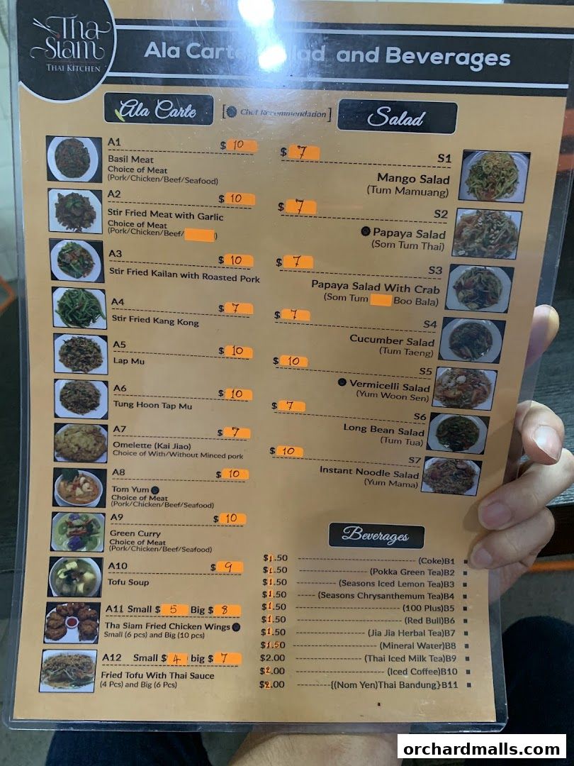 A menu for Tha Siam Thai Kitchen featuring a la carte dishes, salads, and beverages.