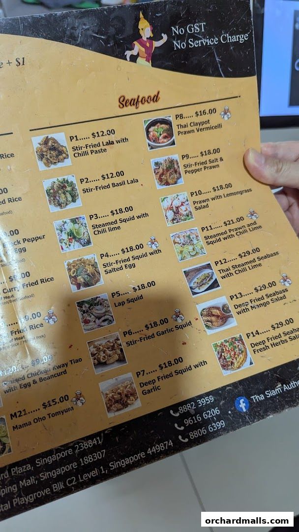 A menu from Tha Siam Thai Kitchen featuring seafood dishes with prices and images.