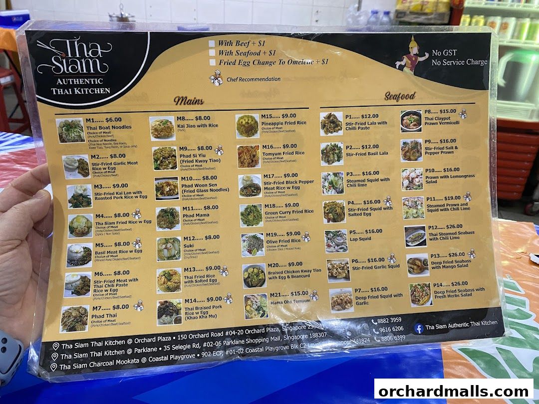 A menu from Tha Siam Authentic Thai Kitchen featuring mains and seafood dishes with prices.