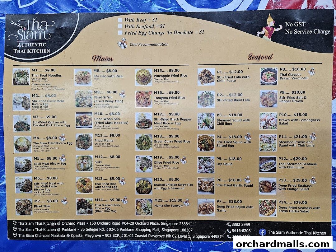 A menu for Tha Siam Authentic Thai Kitchen, featuring mains and seafood dishes with prices.