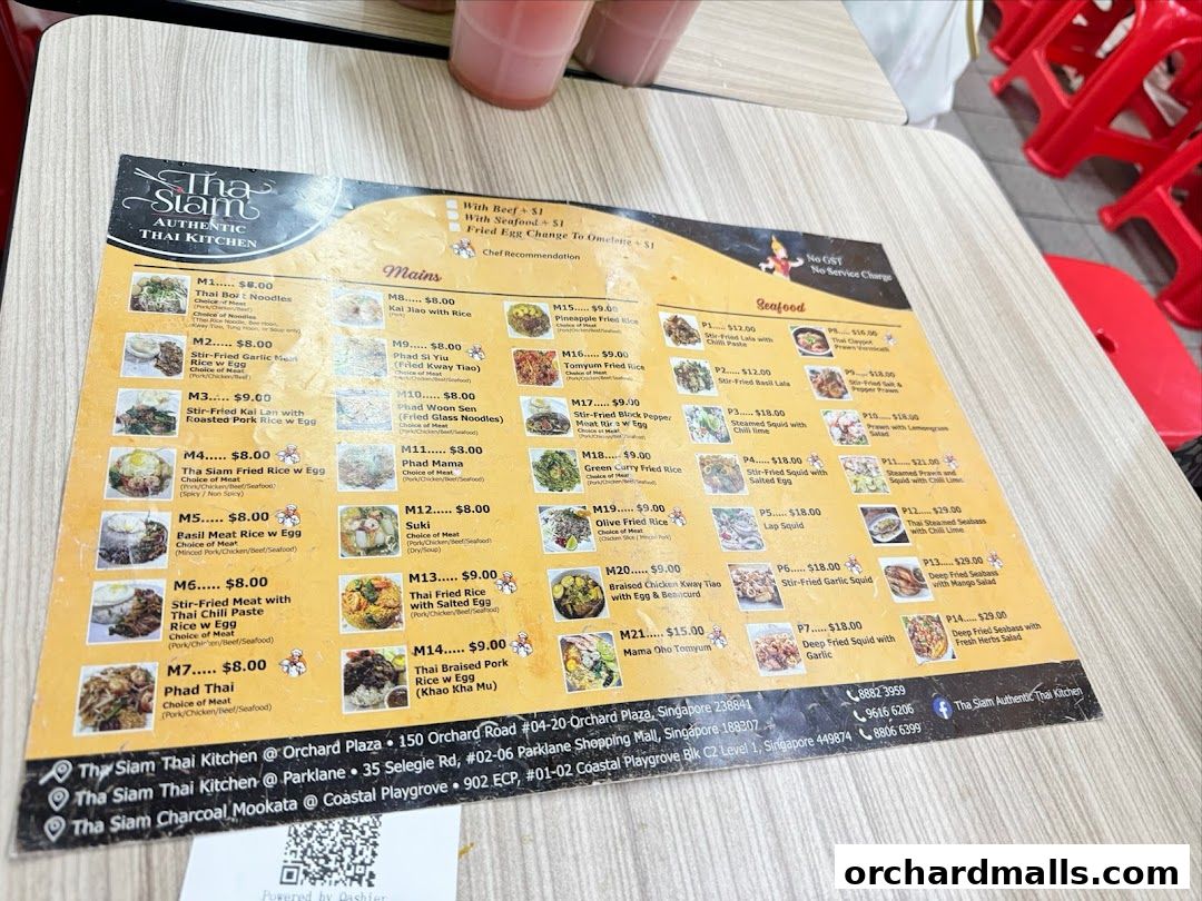 A menu from Tha Siam Authentic Thai Kitchen featuring mains and seafood dishes with prices.