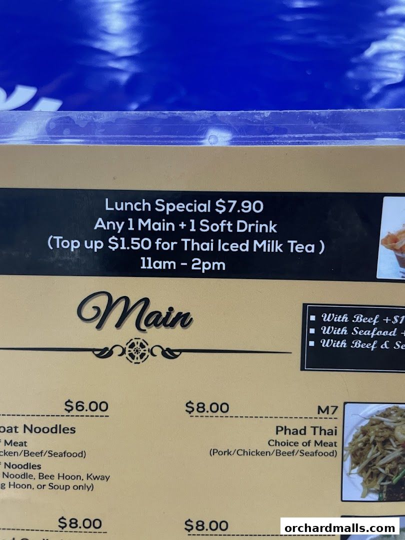 A menu featuring Thai dishes, including a lunch special and various main courses.