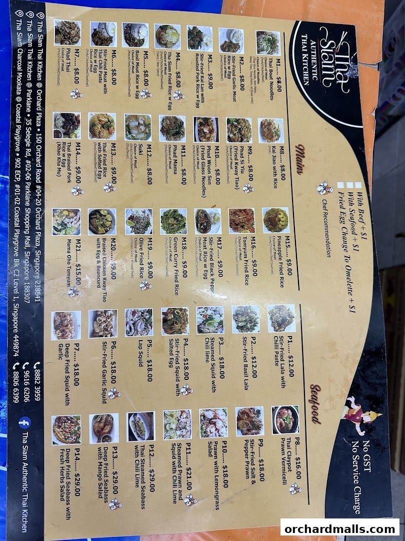 A menu for Tha Siam Thai Kitchen featuring various Thai dishes with prices and images.