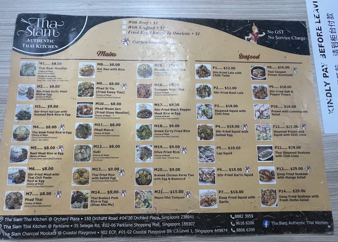 Menu page for Tha Siam Thai Kitchen