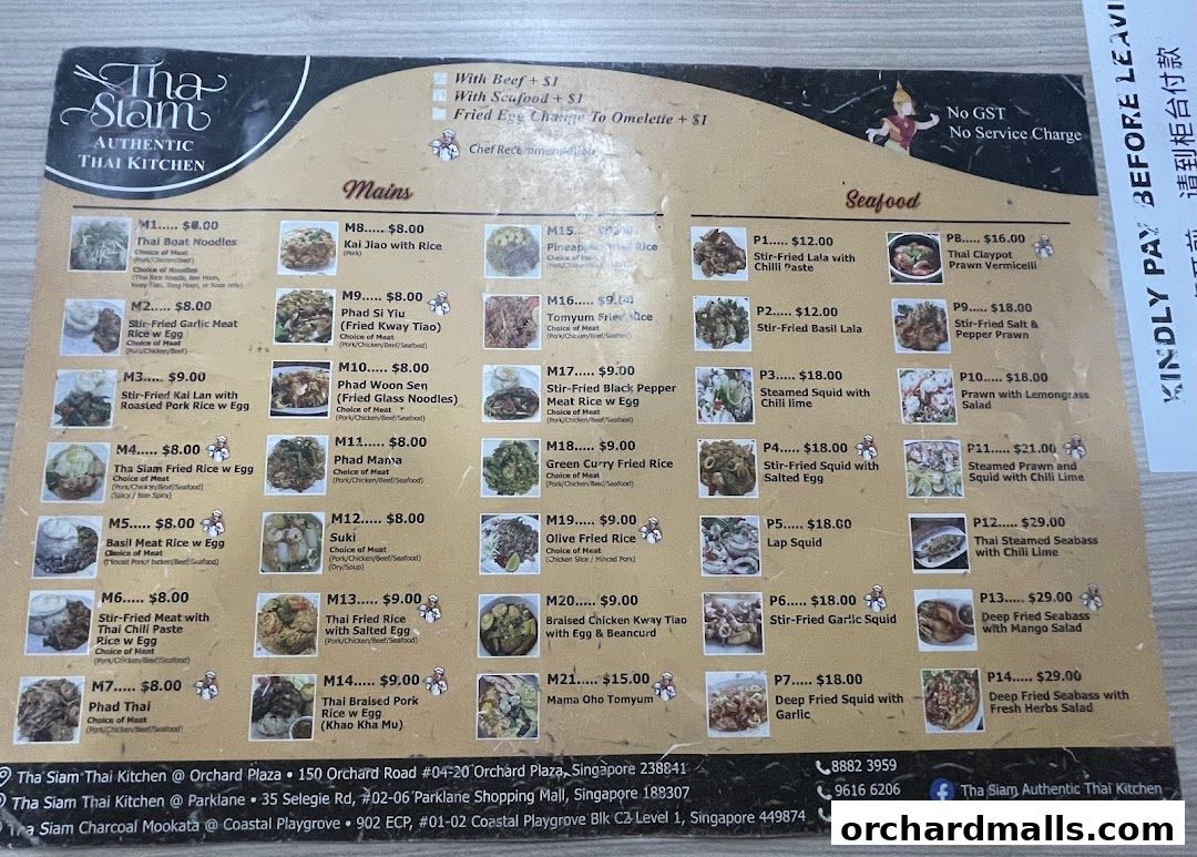 A menu for Tha Siam Authentic Thai Kitchen featuring mains and seafood dishes with prices.