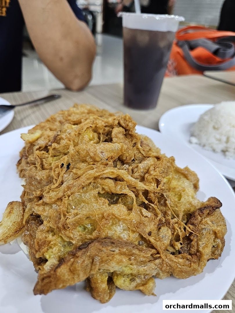 A close-up of a golden-brown omelet served with rice and a drink.