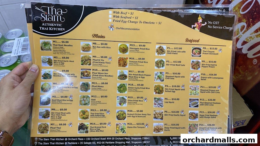 A menu from Tha Siam Authentic Thai Kitchen featuring mains and seafood dishes.