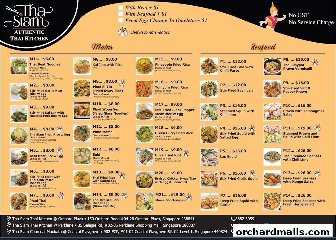 A menu for Tha Siam Thai Kitchen featuring mains and seafood dishes with prices.