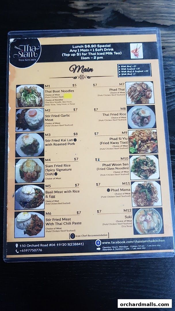 A menu from Tha Siam Thai Kitchen featuring main dishes with prices and descriptions.