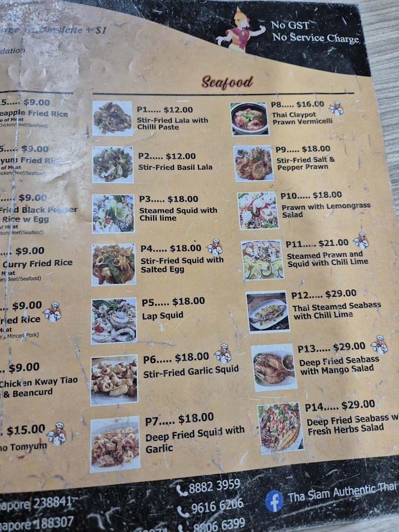 Menu page for Tha Siam Thai Kitchen