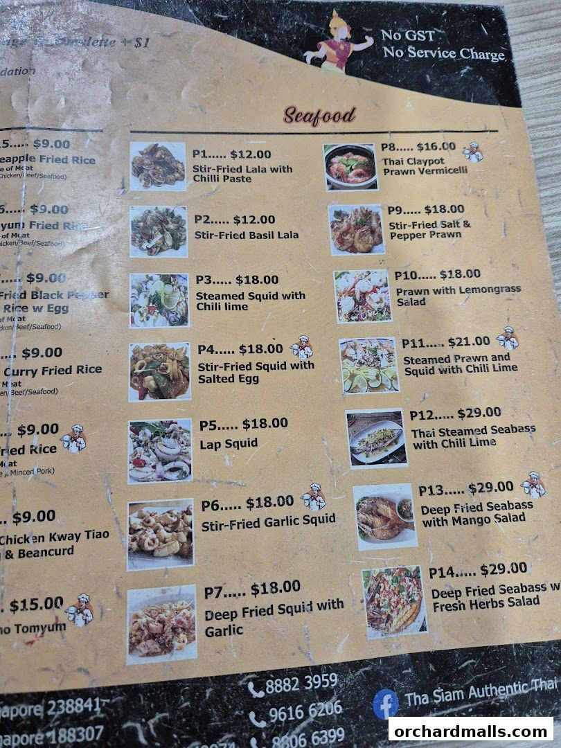 A menu from Tha Siam Thai Kitchen featuring seafood dishes with prices and images.
