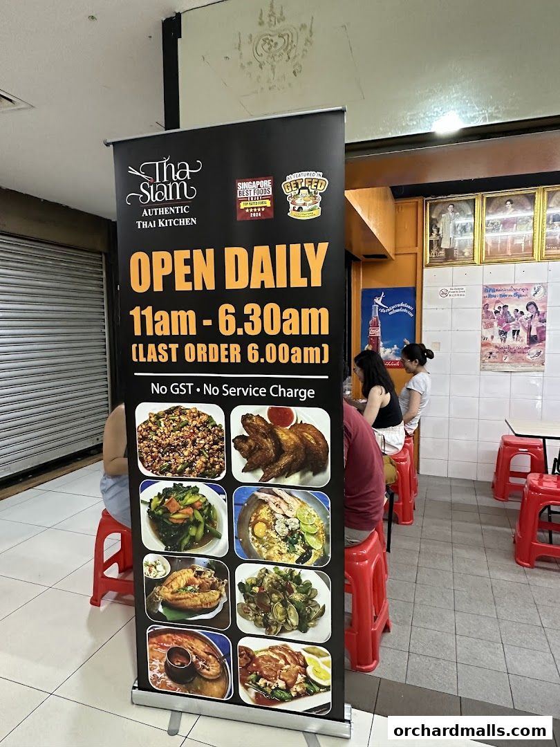 A banner displays food images and operating hours for Tha Siam Thai Kitchen.