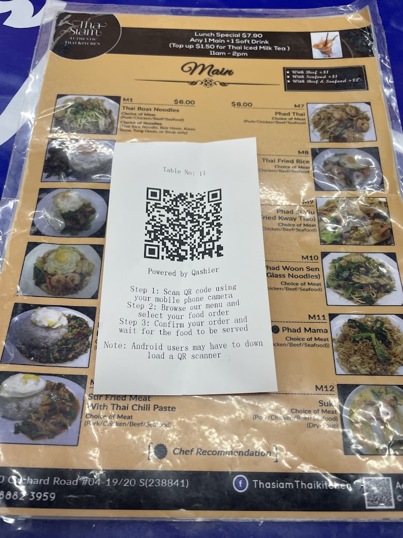 Menu page for Tha Siam Thai Kitchen