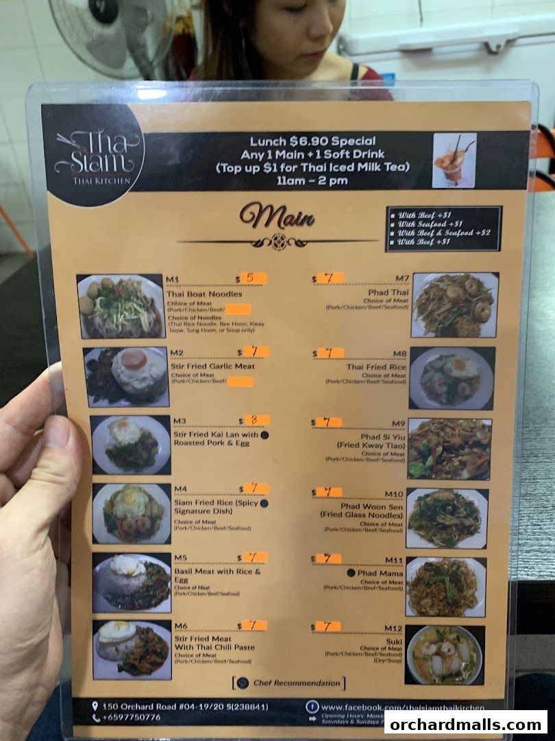 A menu from Tha Siam Thai Kitchen featuring main dishes with prices and descriptions.