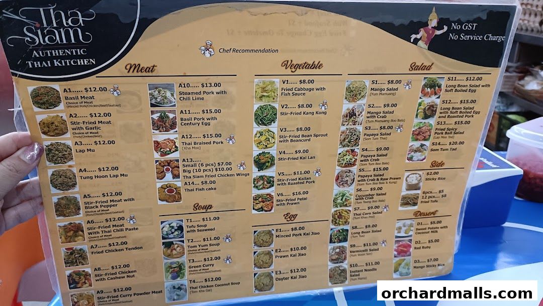 A menu for Tha Siam Authentic Thai Kitchen featuring meat, vegetable, salad, soup, egg, side, and dessert dishes.