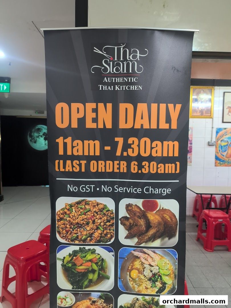 A banner for Tha Siam Authentic Thai Kitchen displays operating hours and food images.
