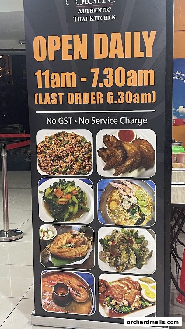 A banner displays Thai food images and operating hours for Tha Siam Thai Kitchen.