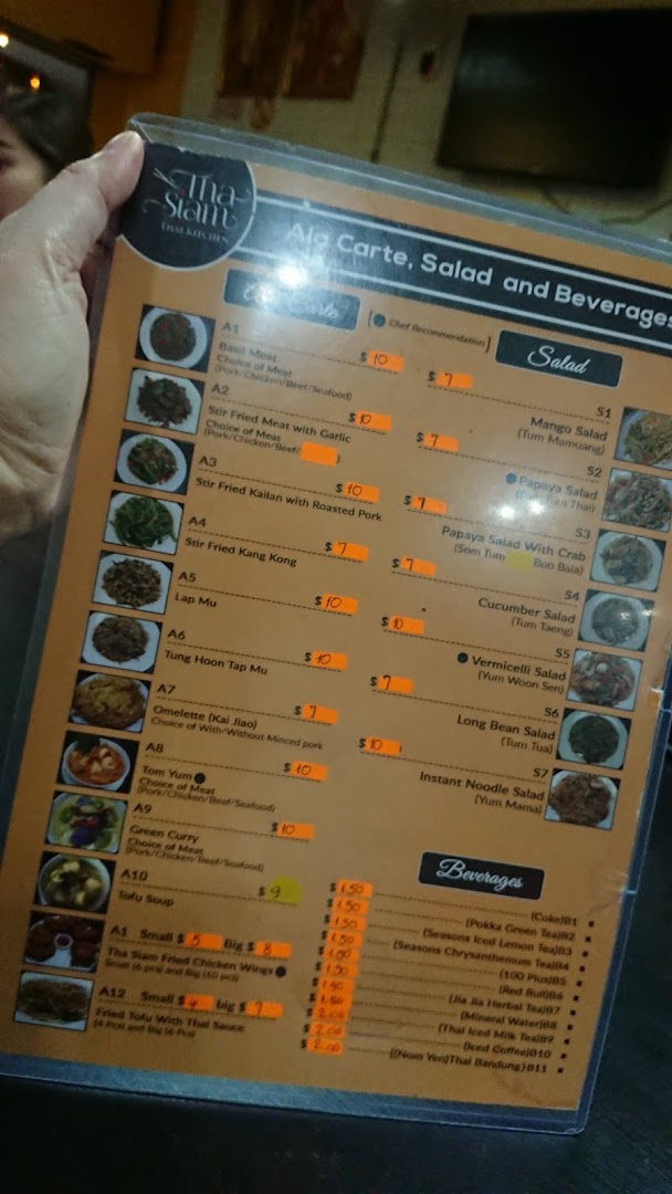 Menu page for Tha Siam Thai Kitchen