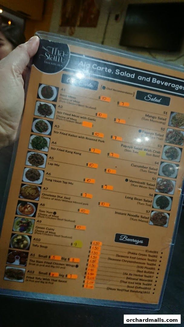 A person holds a laminated menu for Tha Siam Thai Kitchen, displaying a la carte dishes, salads, and beverages.
