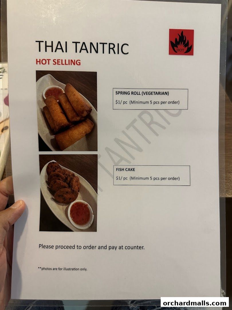 A menu page from Thai Tantric featuring hot-selling spring rolls and fish cakes.