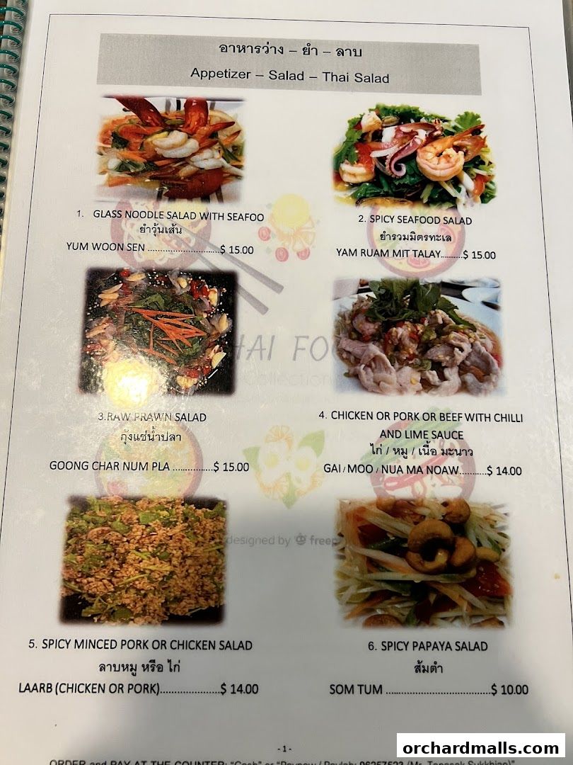 A menu page featuring various Thai salads with images and prices.