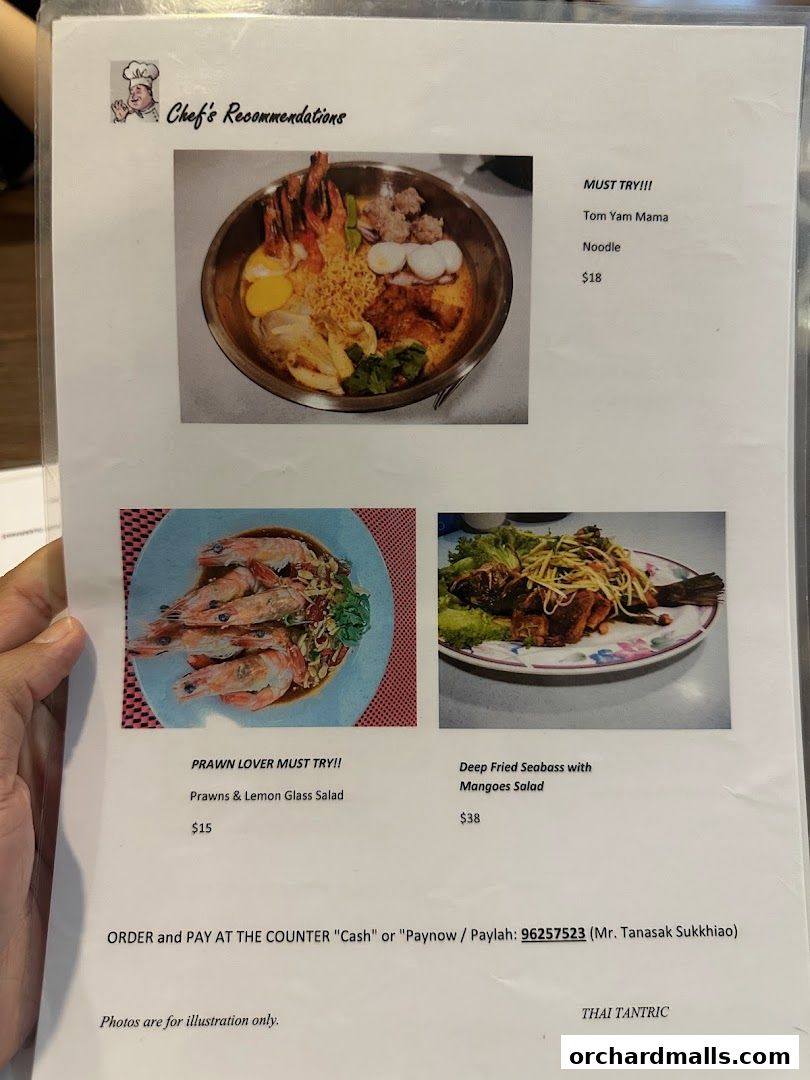 A menu page from Thai Tantric Authentic Thai Cuisine featuring chef's recommendations.