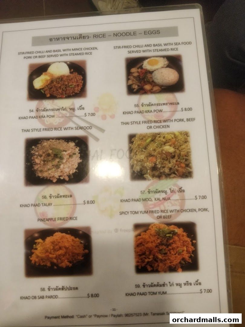 A menu page from Thai Tantric Authentic Thai Cuisine featuring rice, noodle, and egg dishes.