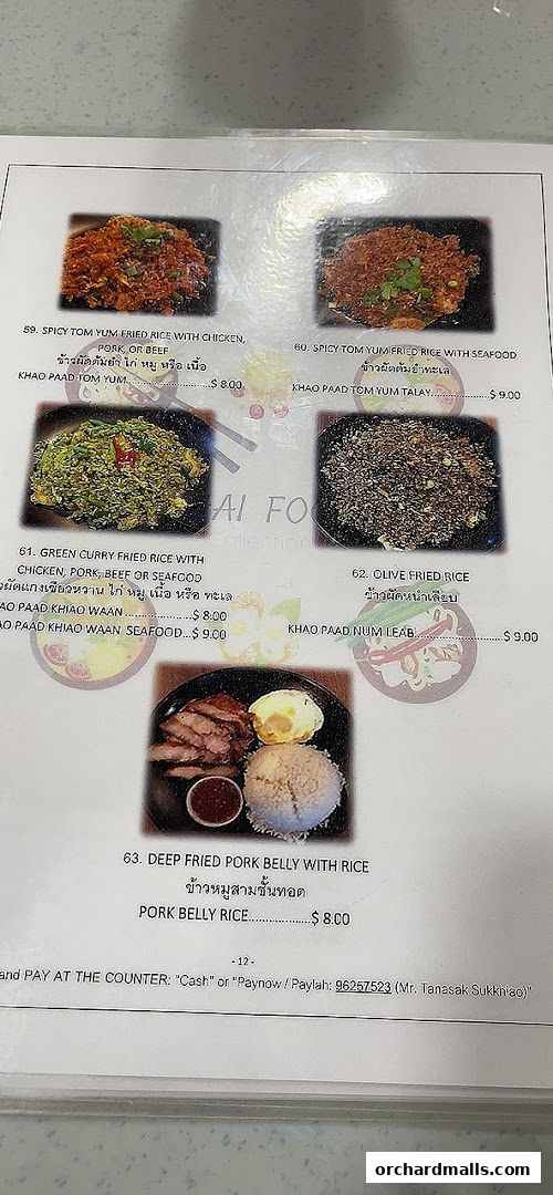 A menu page showcasing various Thai fried rice dishes and a pork belly rice option.
