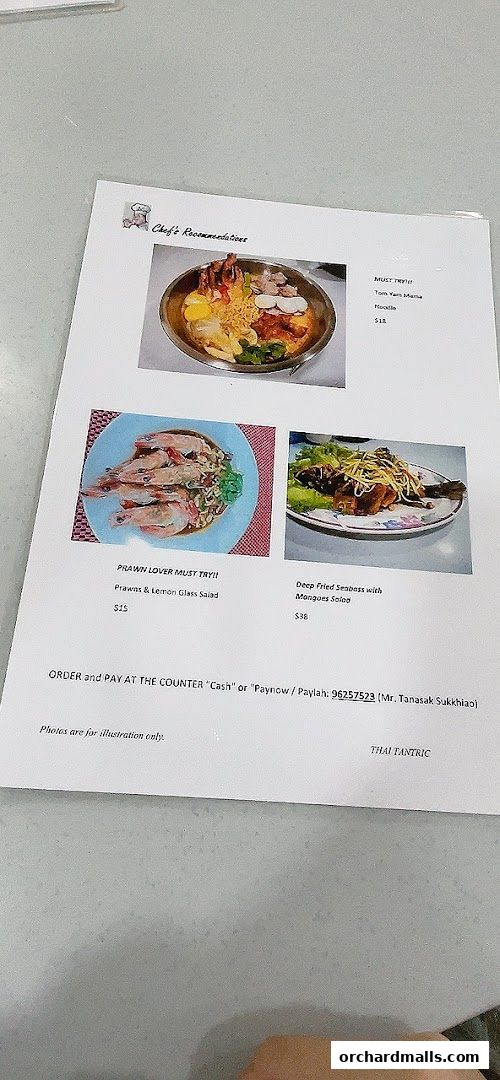 A menu from Thai Tantric Authentic Thai Cuisine featuring chef's recommendations.