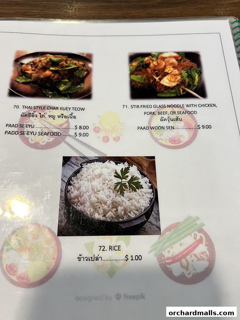 A menu page from Thai Tantric Authentic Thai Cuisine featuring noodle dishes and rice.