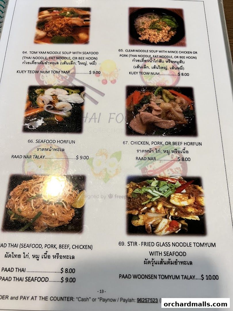 A menu page showcasing various Thai noodle and rice dishes with images and prices.