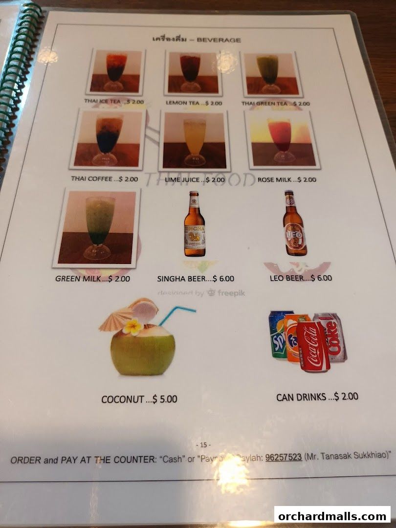 A menu page displaying various beverages including teas, coffee, juices, milk, coconut, beers, and canned drinks.