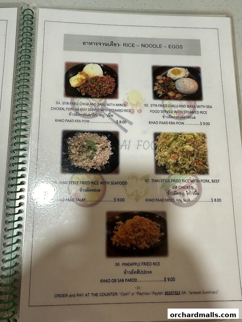 A menu page from Thai Tantric Authentic Thai Cuisine featuring rice, noodle, and egg dishes.