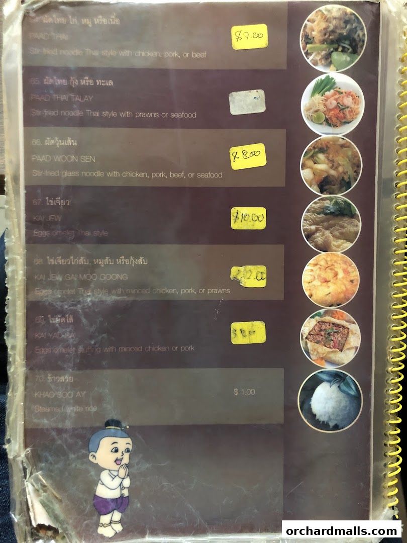 A menu page from Thai Tantric Authentic Thai Cuisine featuring noodle dishes and omelets.