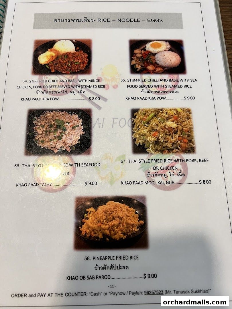 A menu page from Thai Tantric Authentic Thai Cuisine featuring rice, noodle, and egg dishes.