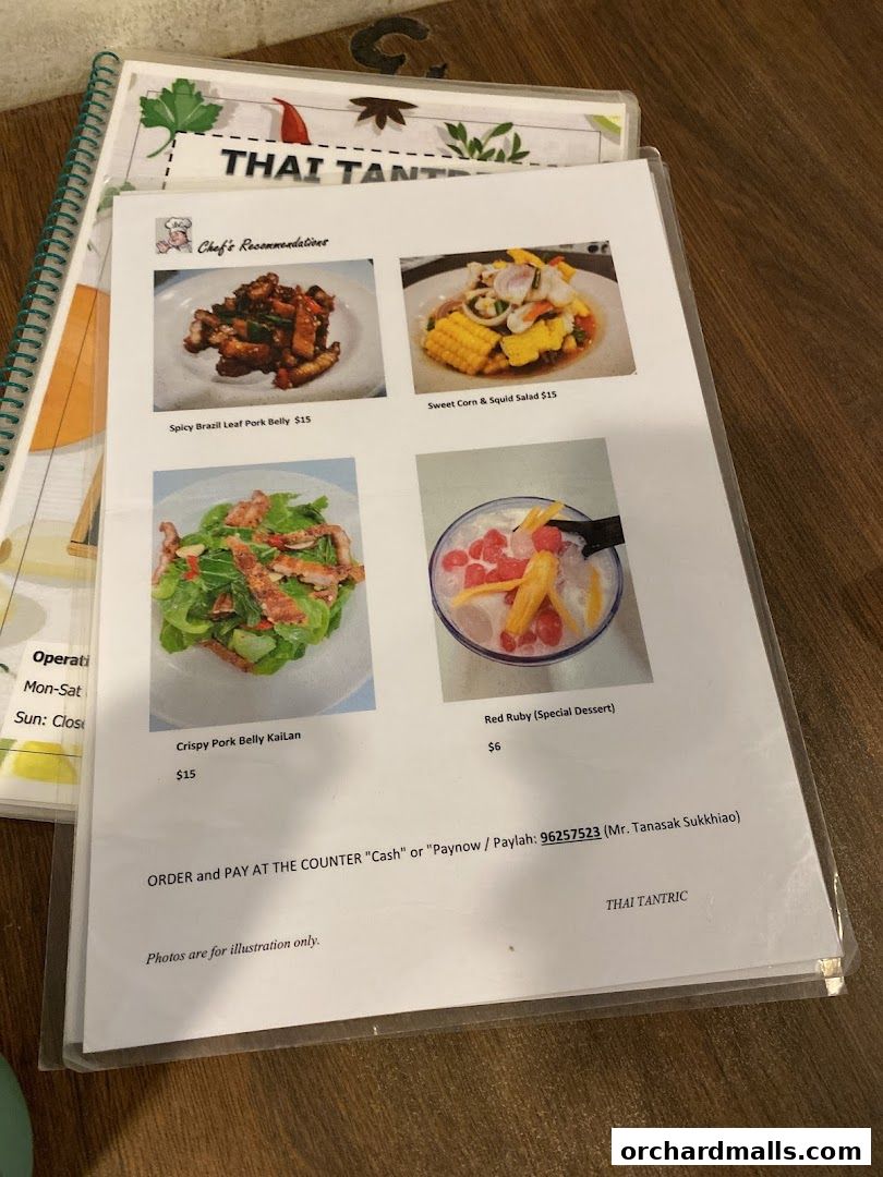 A menu from Thai Tantric Authentic Thai Cuisine featuring chef's recommendations.