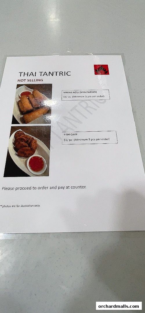 A menu from Thai Tantric featuring hot-selling spring rolls and fish cakes.