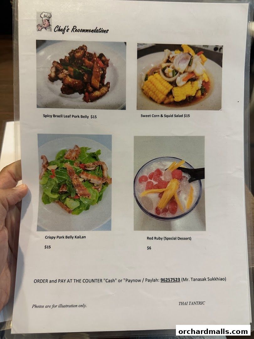 A menu page showcasing chef's recommendations for Thai dishes with images and prices.