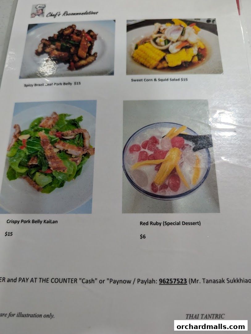 A menu page from Thai Tantric featuring chef's recommendations with food images and prices.
