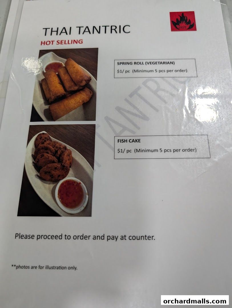A menu page for Thai Tantric featuring hot-selling spring rolls and fish cakes.
