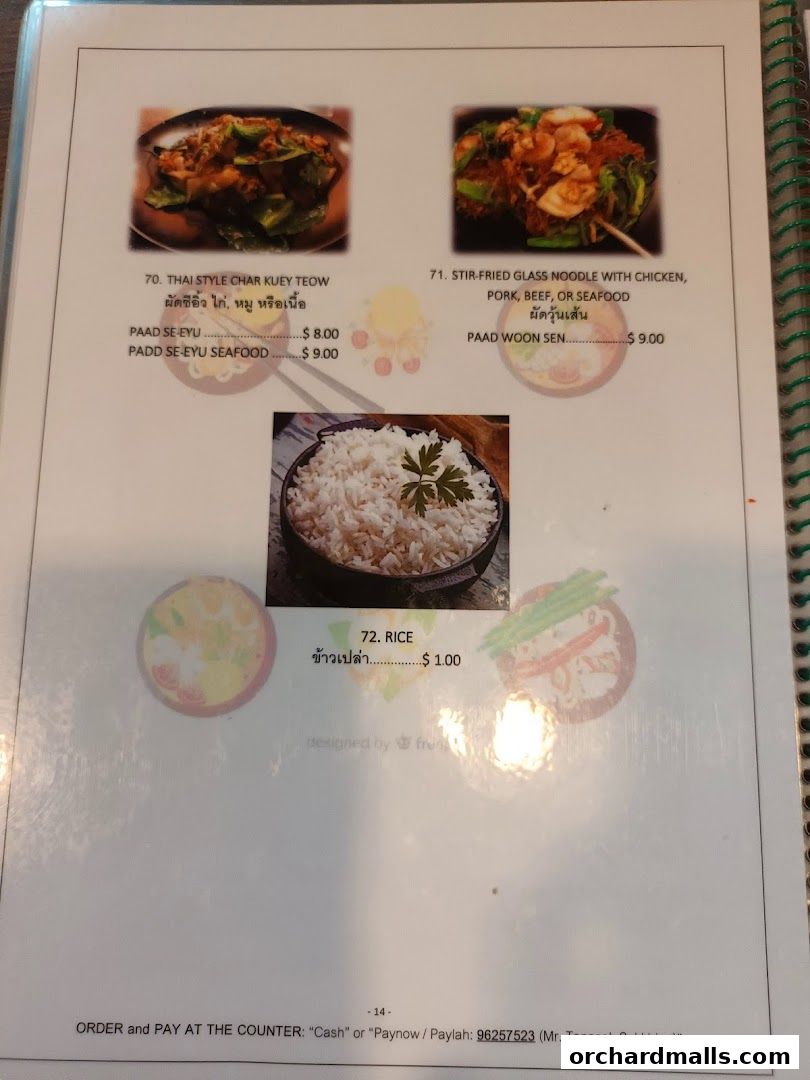 A menu page from Thai Tantric Authentic Thai Cuisine featuring noodle dishes and rice.