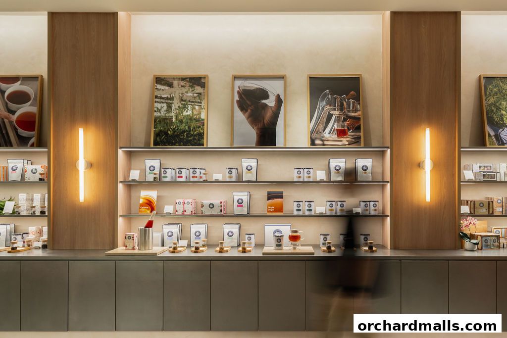 A well-lit display of tea products and artwork in a modern retail setting.