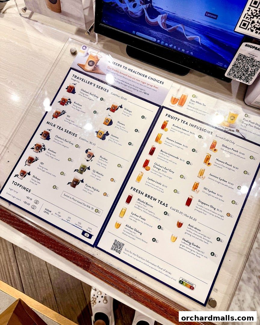 A menu displaying various tea series, fruit tea infusions, and fresh brew teas with prices.