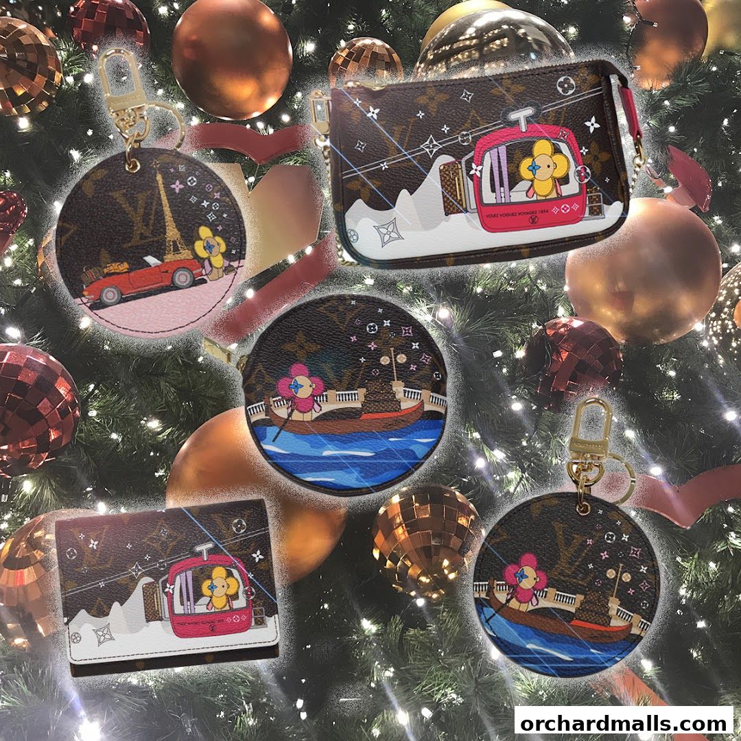 Luxury accessories with festive holiday decorations and Christmas lights.