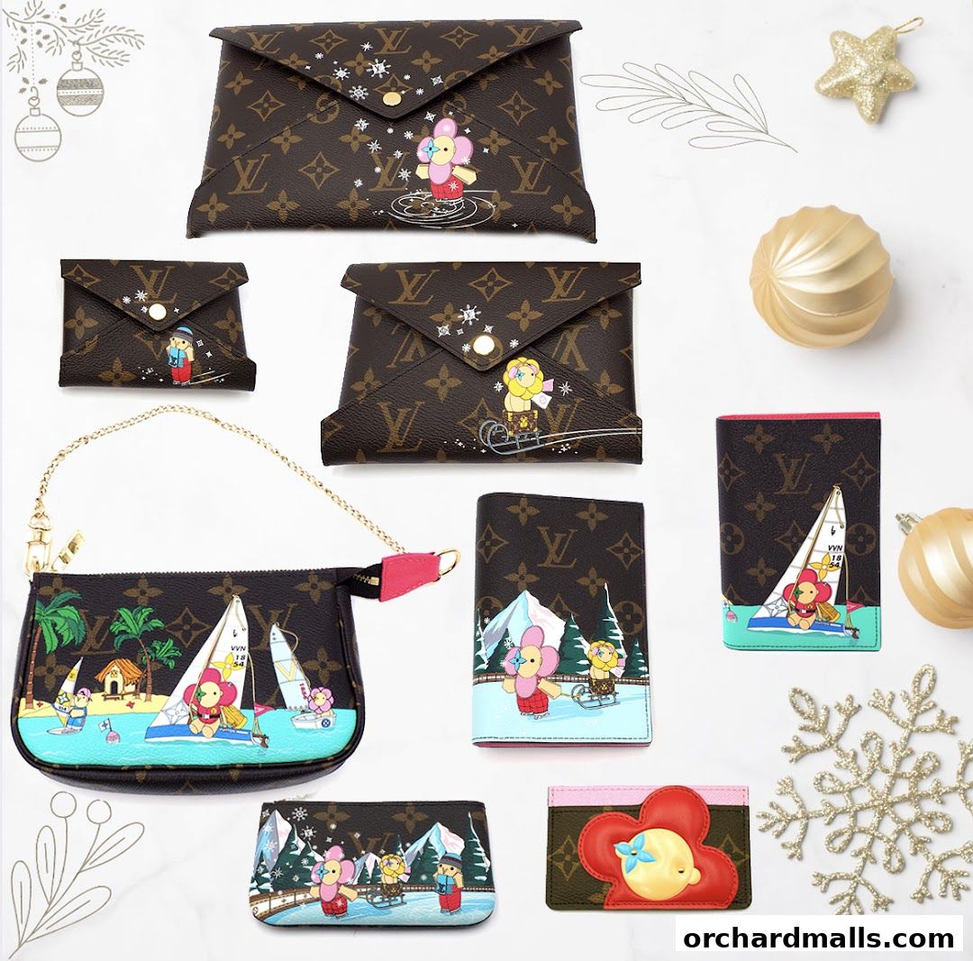 Collection of Louis Vuitton accessories featuring playful cartoon characters and festive holiday designs.